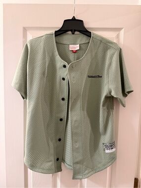 Mitchell & Ness Light Sage Green Mesh Button Baseball Jersey